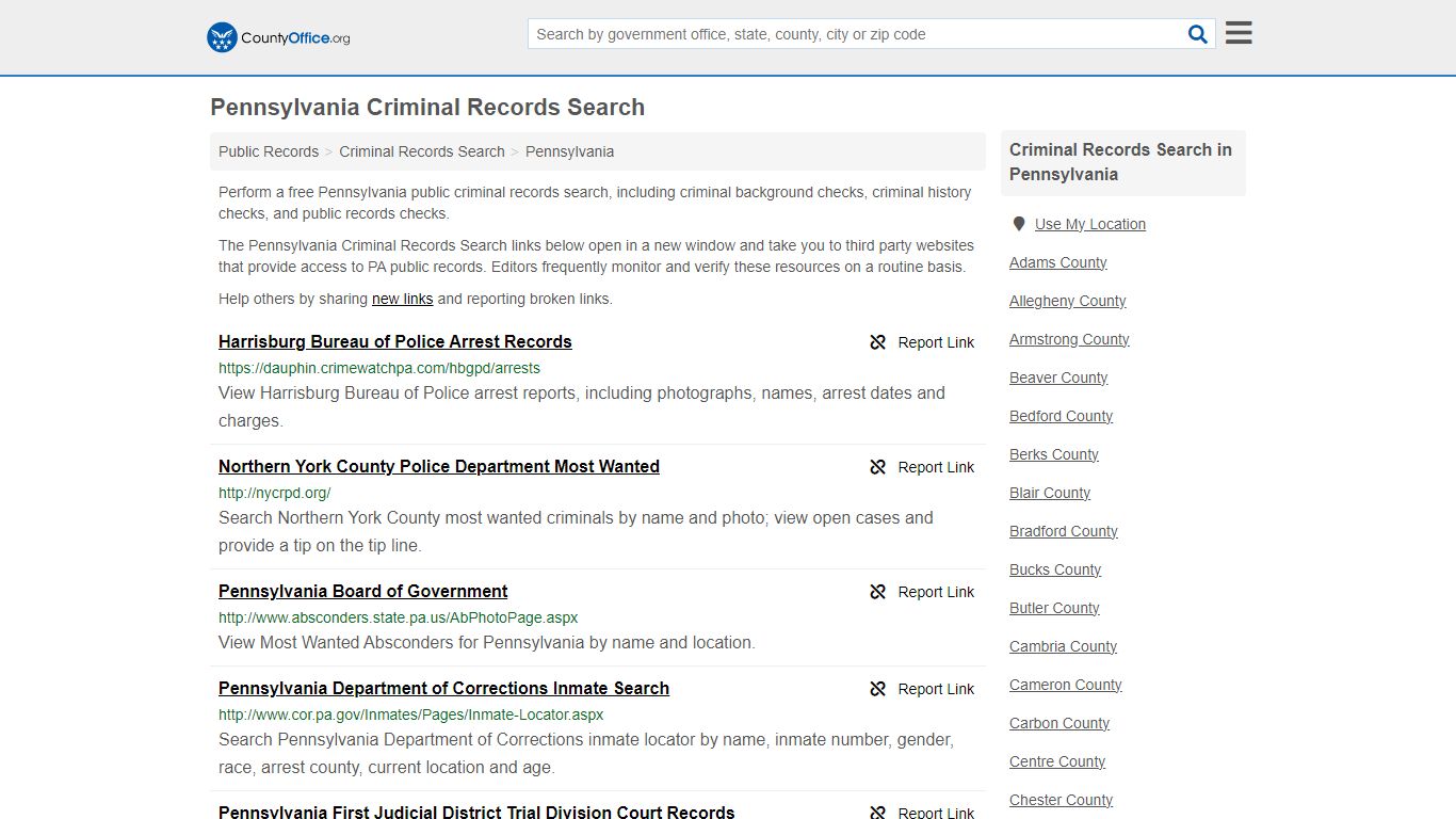 Pennsylvania Criminal Records Search - County Office